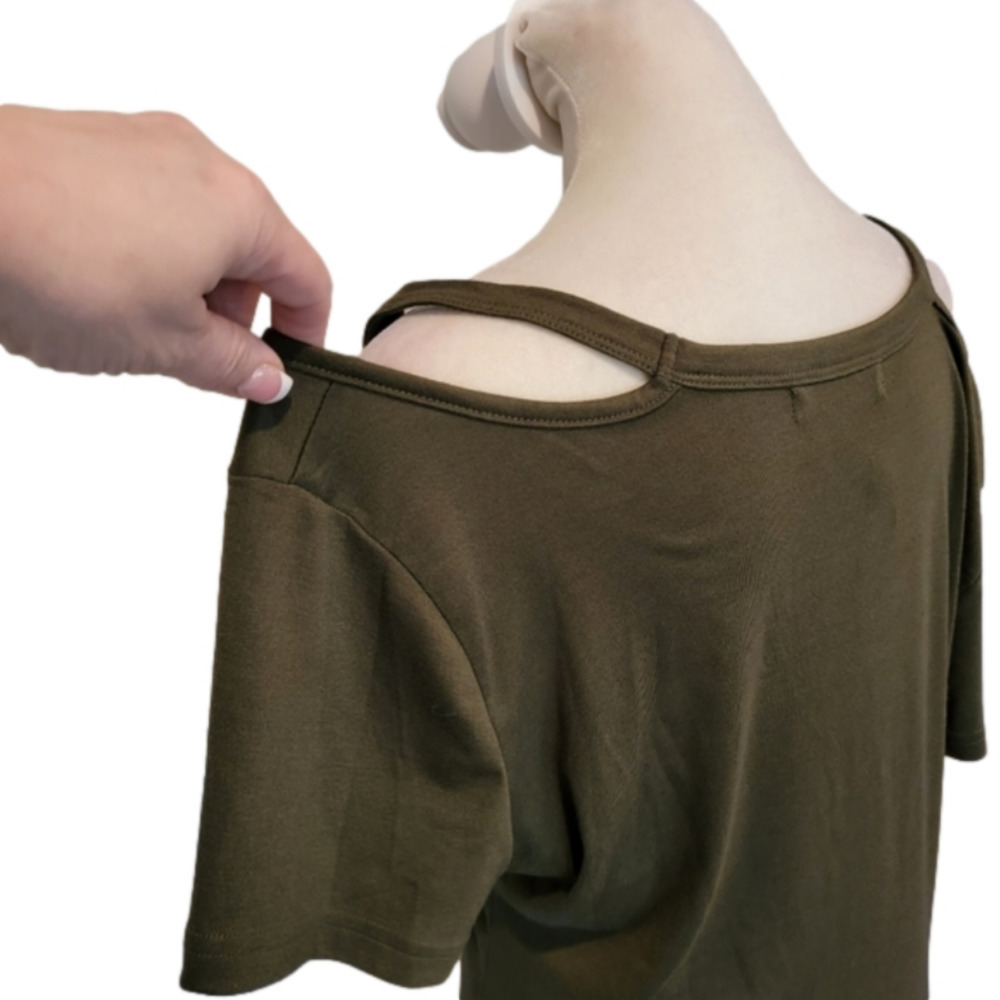 Berryou Cold Shoulder Army Green T-shirt Midi Dress with Ruched Hem Size L - Picture 7 of 12